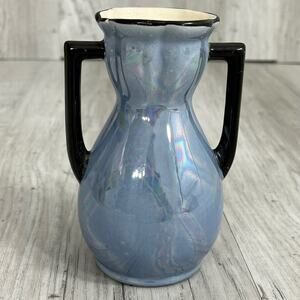 Vintage Slovakia Bud Vase Blue Iridescent Luster Swirl Black Handles